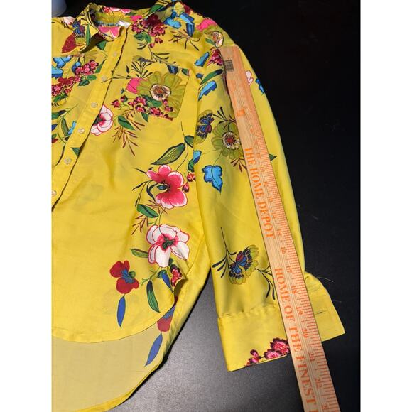 Anthropologie Yellow Tropical Satin Like 100% Polyester Top Button Up Size XS - Picture 5 of 7